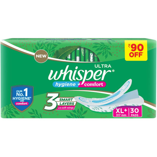 Whisper Ultra Clean Wings Sanitary Pads for Women, XL 30 Napkins